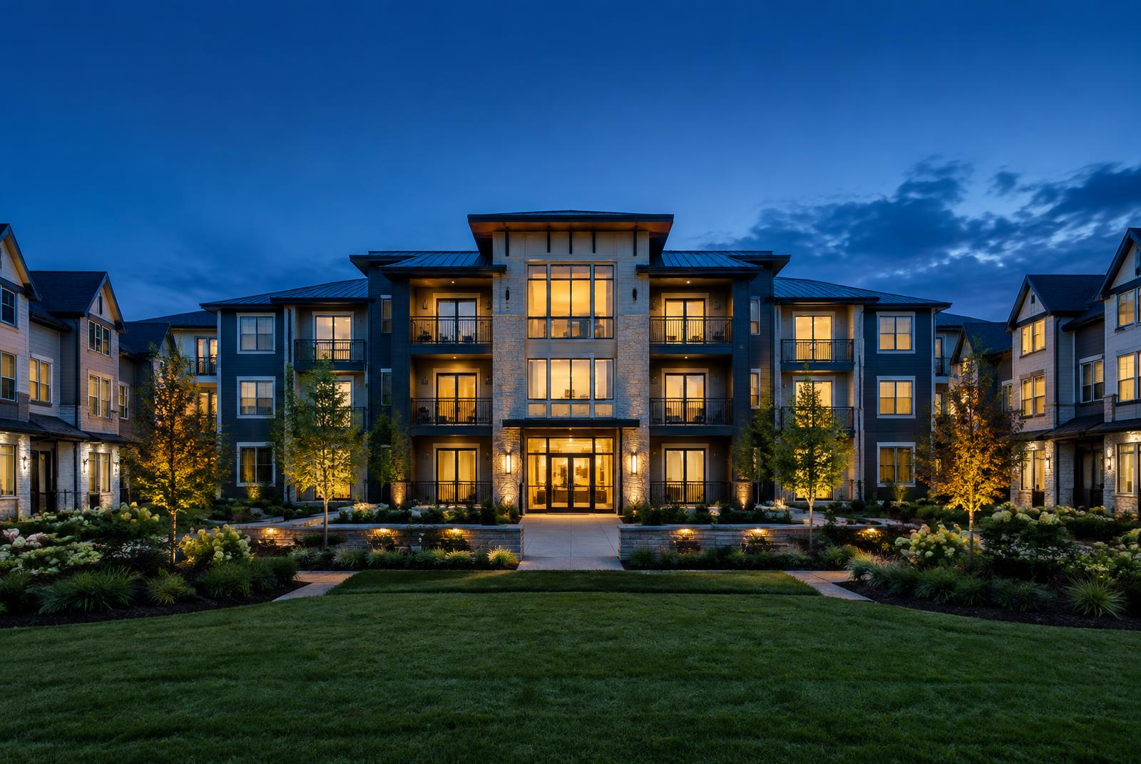 Modern rental community at dusk